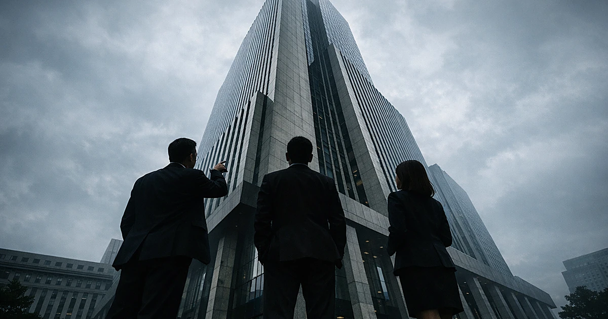 Silhouetted business figures viewing a modernist skyscraper from plaza below against overcast sky