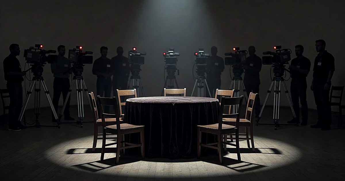Television studio with s&eacute;ance table under spotlight surrounded by cameras and silhouetted crew in darkness