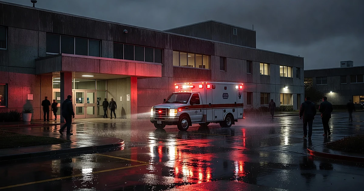 Hospital emergency room entrance at night with ambulance lights flashing in the rain
