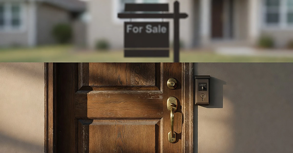 Close-up of residential door handle with blurred for sale sign in background during afternoon light