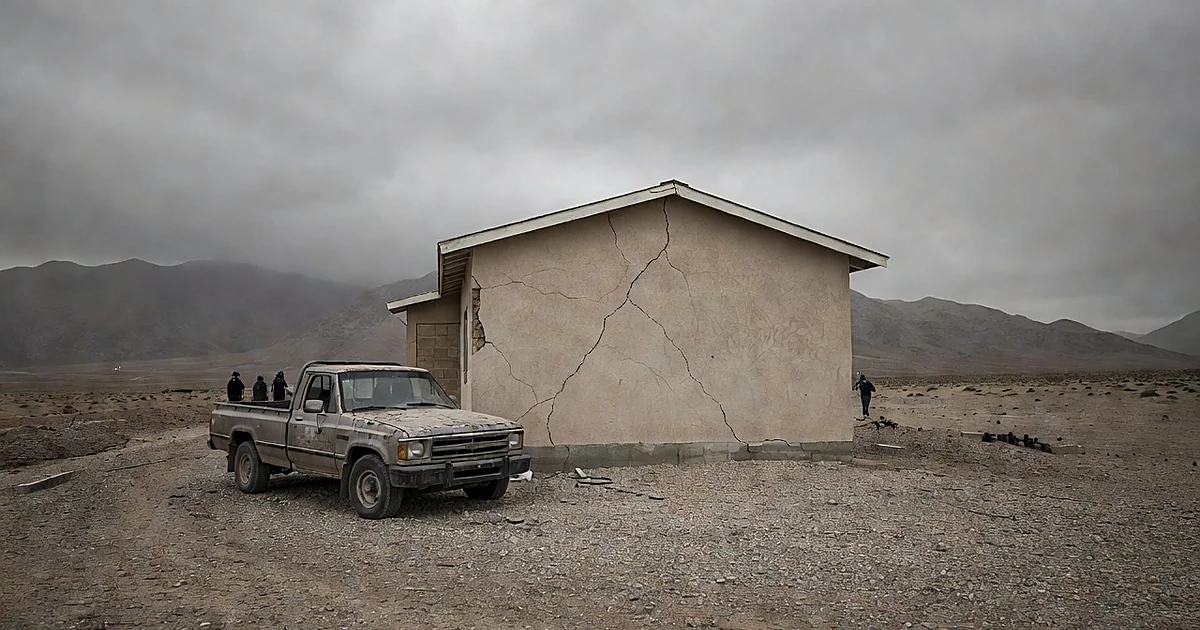 Cracked exterior wall of Alaska home with unevenly parked vehicle on gravel under overcast mountain sky