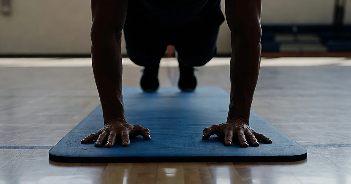 Silhouetted figure holding plank position on exercise mat in gymnasium with natural lighting