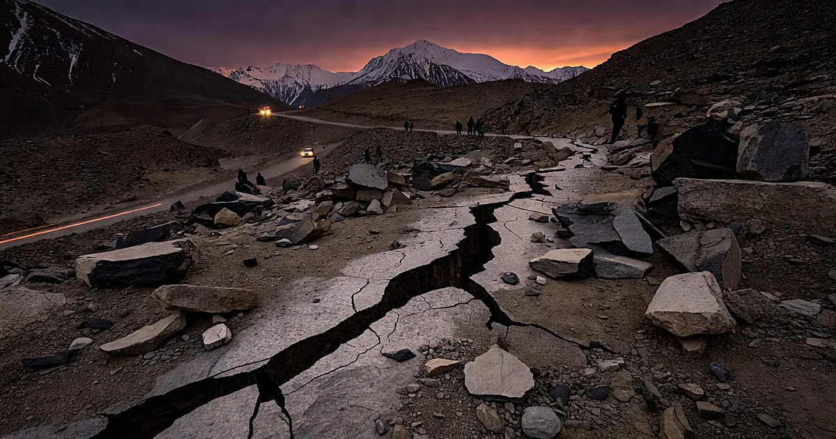 Large ground fissure cutting through remote high-altitude Himalayan terrain with distant mountain peaks at dusk