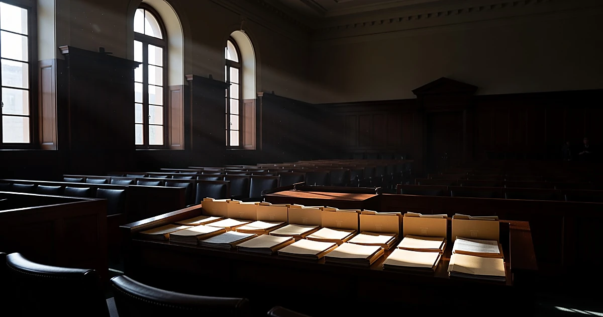 Empty federal courtroom bench with stacks of sealed document folders awaiting judicial review in dramatic window light