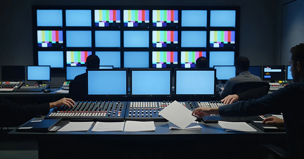 Silhouetted broadcast control room operators at monitors with blank screens in darkened studio