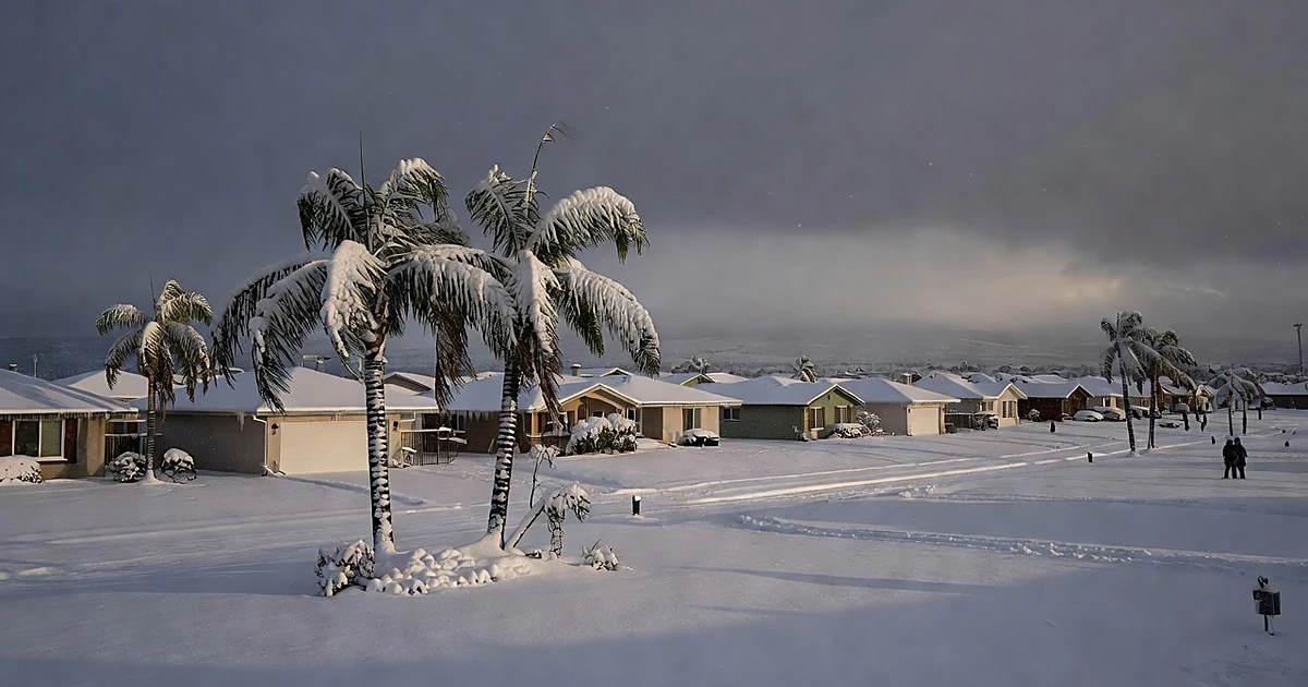 Snow-covered palm trees and suburban homes under gray winter sky showing unusual southern snowfall pattern