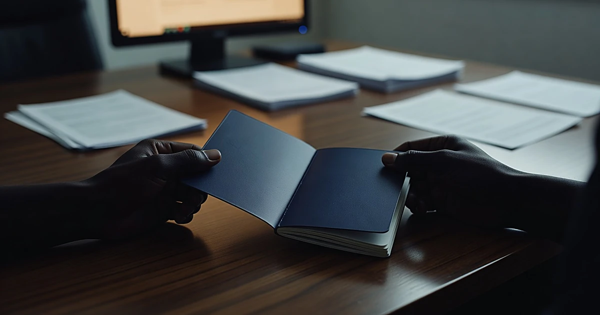 Hands holding open a passport over a desk with computer monitor glowing in background
