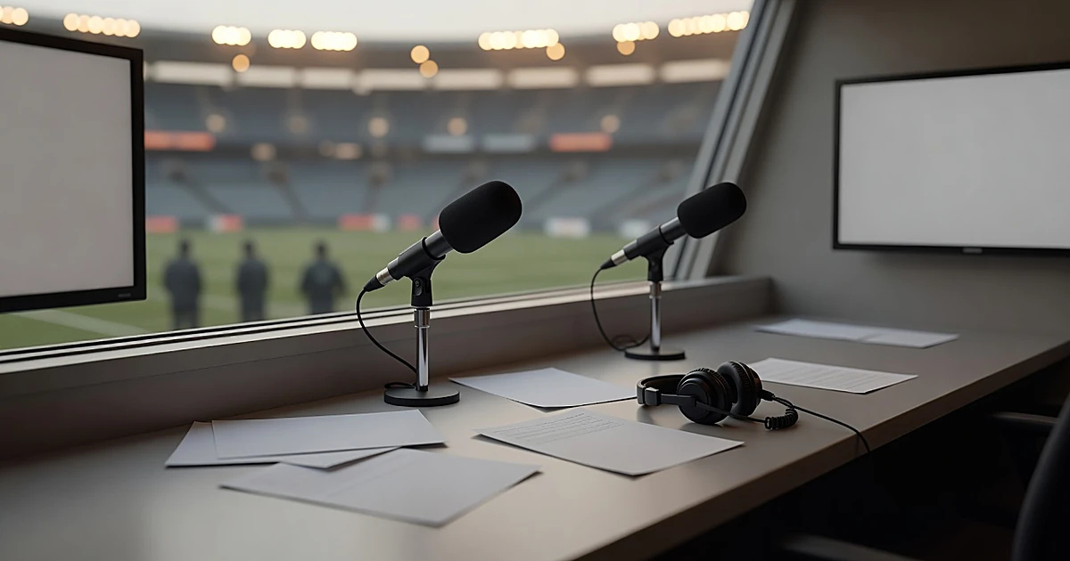 Empty broadcast booth with microphones and headset on announcer desk with stadium lights in background