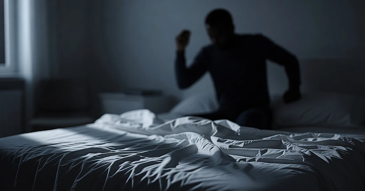Rumpled bedsheets with dark silhouetted figure in motion during nighttime sleep disturbance