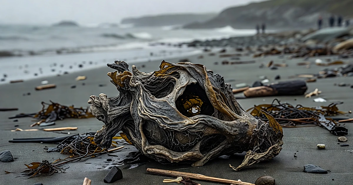 Weathered bull kelp bulb on dark wet sand at Alaskan beach with storm debris in background