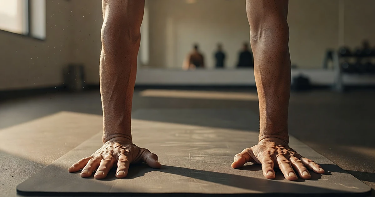 Close-up of aged hands pressed against yoga mat in plank position with warm afternoon lighting