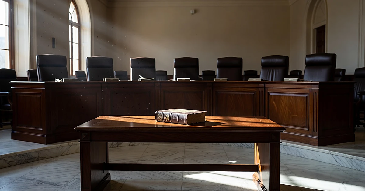Empty Supreme Court bench with Constitution volume in afternoon light casting shadows across mahogany surface