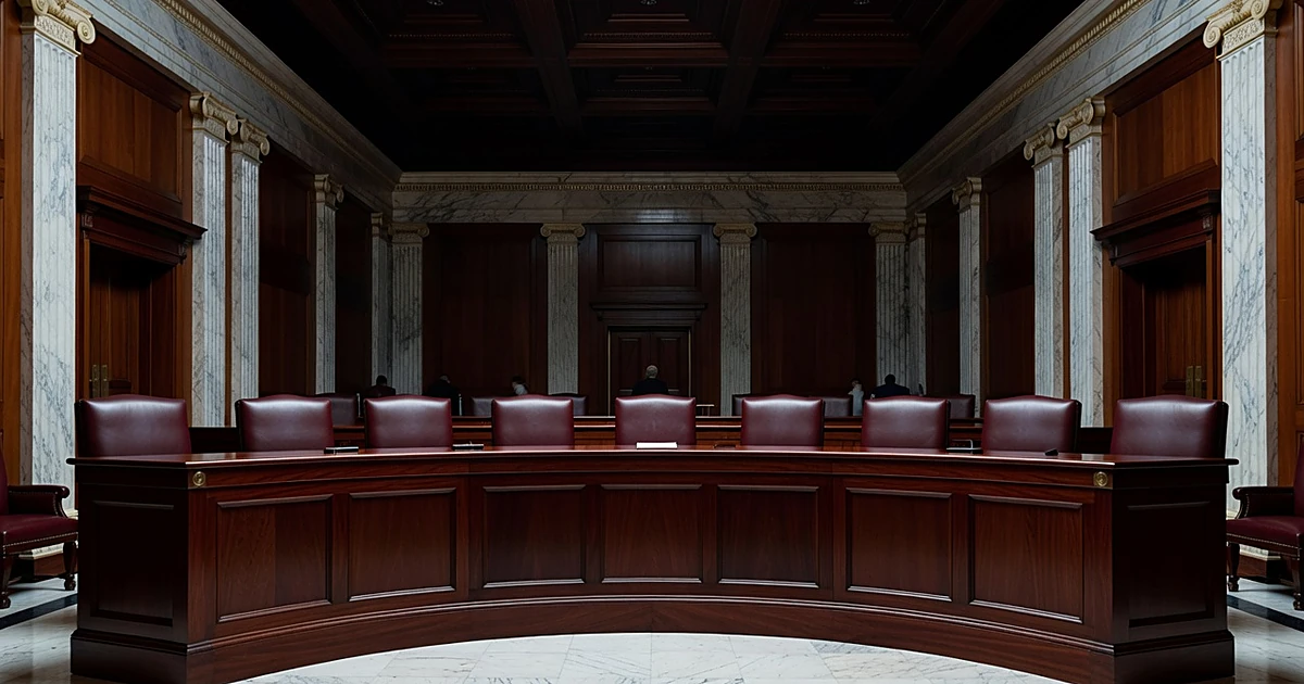 Empty Supreme Court judicial bench with nine chairs in traditional chamber setting