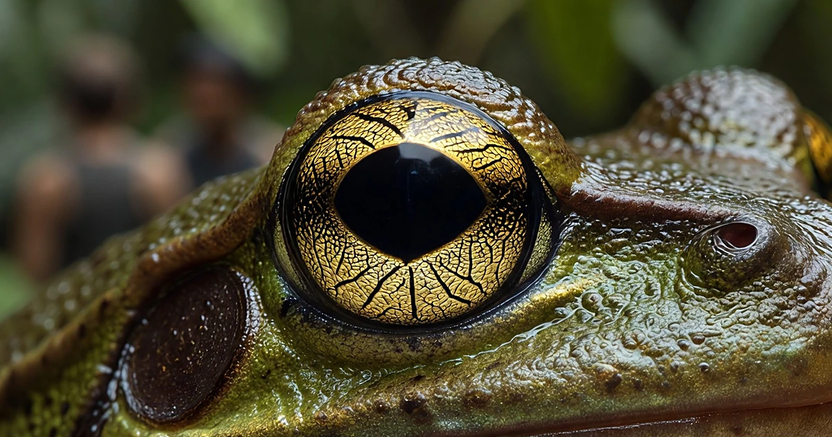 Extreme close-up of an Amazonian treefrog's golden iris showing black radial line patterns used for identification