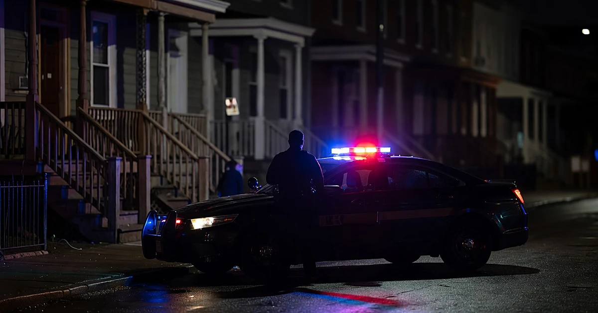 Police patrol car with emergency lights illuminating a dark residential street at night