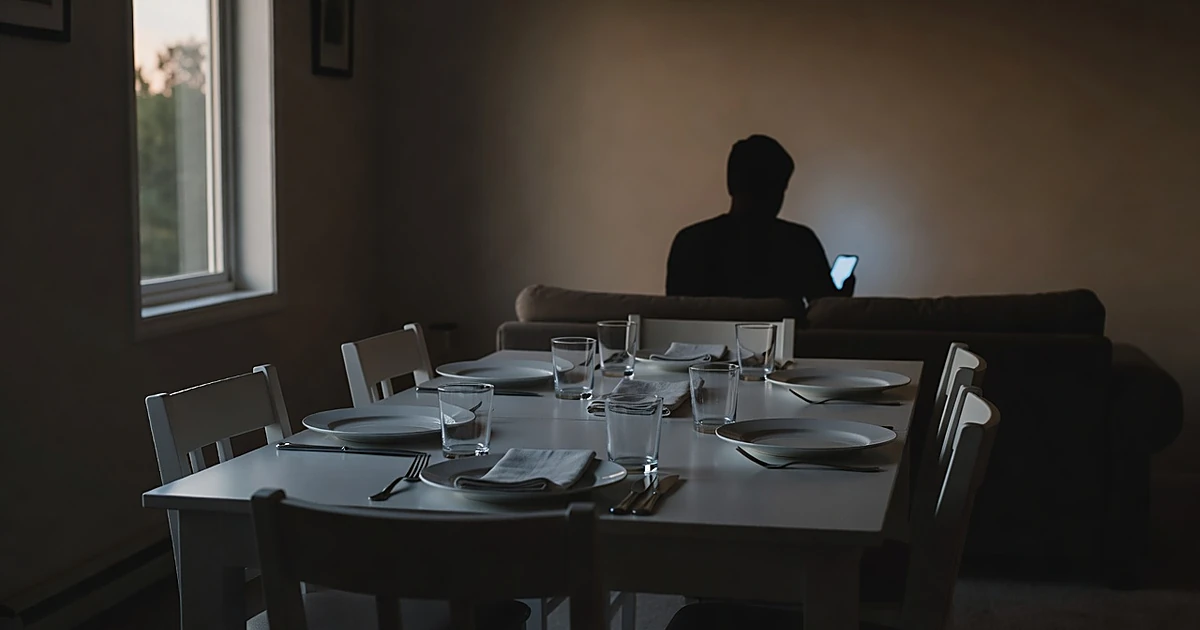 Empty dining table set for guests with silhouetted figure on couch lit by phone screen in dark living room