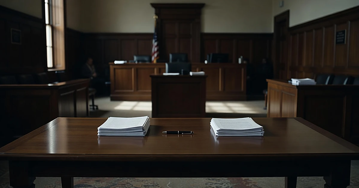 Empty family courtroom with separated document stacks on counsel table suggesting concluded divorce proceedings