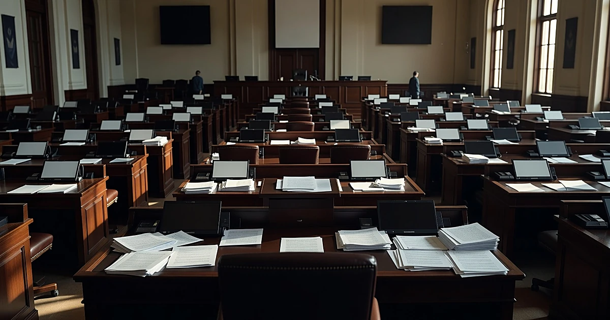 Empty Texas legislative chamber with scattered papers on desks and vacant presiding chair under afternoon light