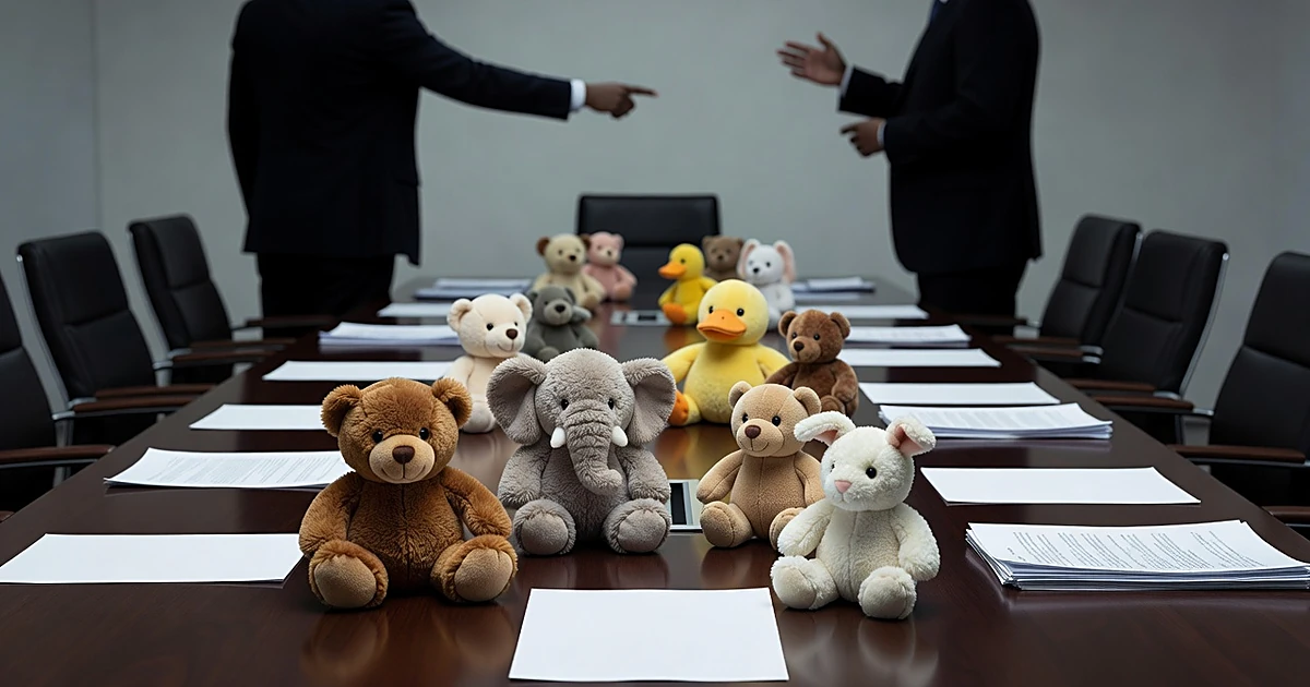 Stuffed animals arranged around conference table with silhouetted figures standing at far end