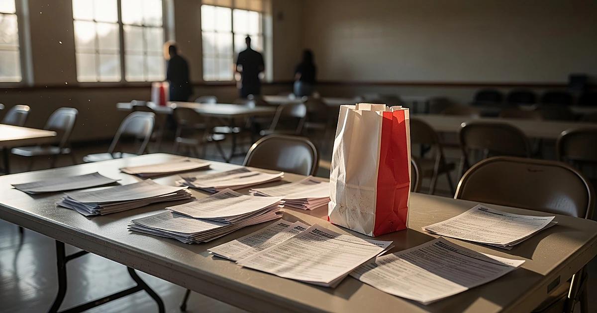 Fast-food bag on campaign table with scattered blank forms in community center