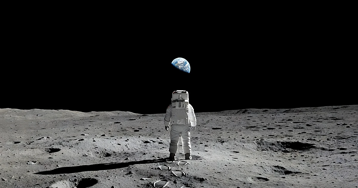 Astronaut on moon surface viewed from behind looking up at Earth in black space with stars