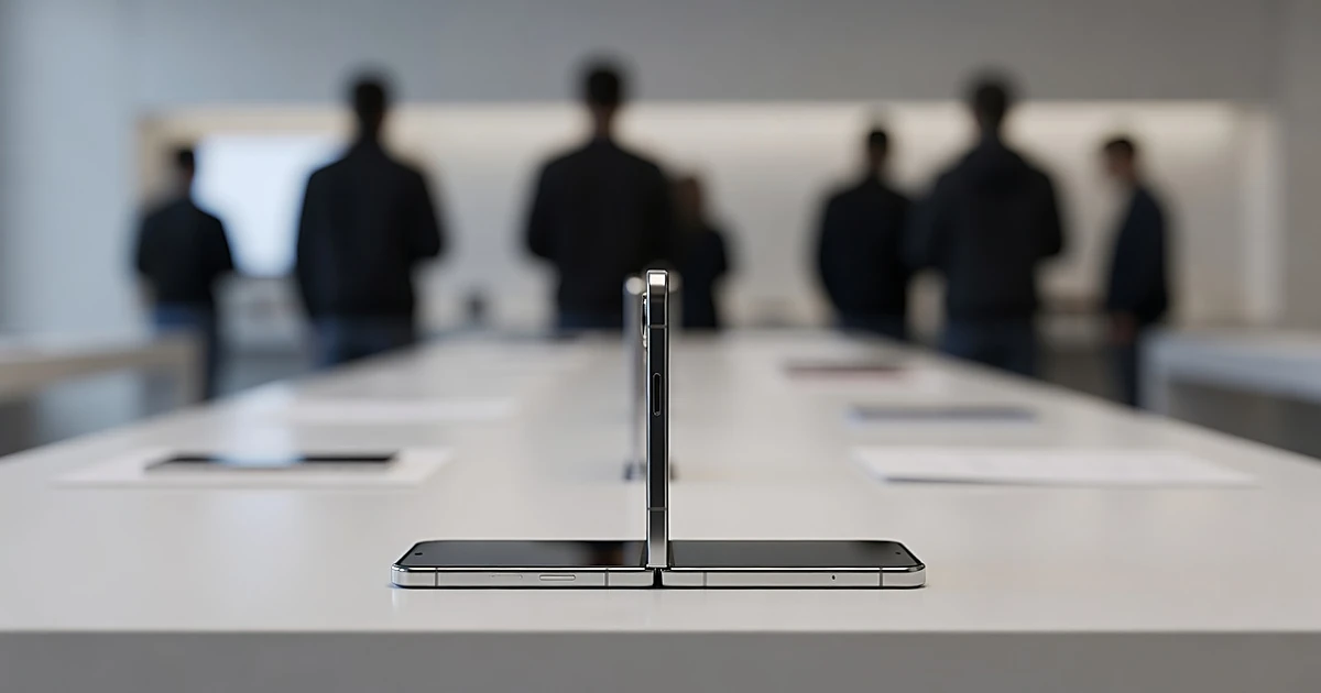Foldable smartphone with visible hinge open on white surface with blurred queue of people in background