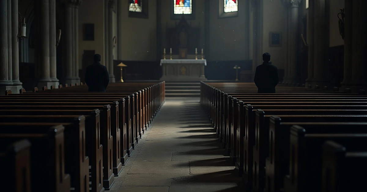 Empty church interior with wooden pews and silhouetted figures standing in separate aisles under dim natural light