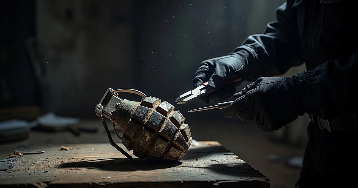 Close-up of aged WWII grenade on wooden surface with bomb squad technician's gloved hands approaching with tools