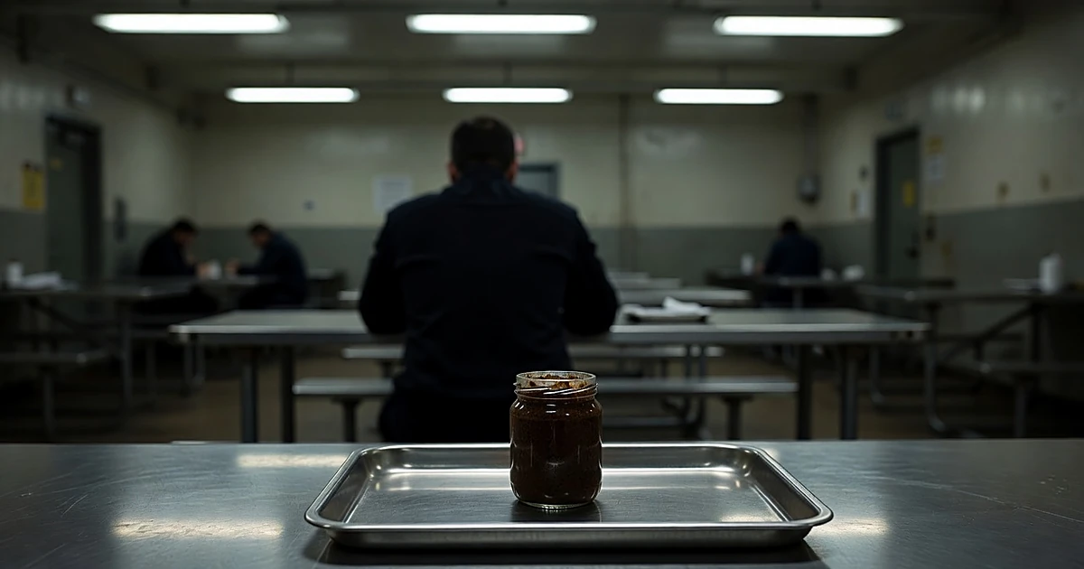 Jar of dark spread on metal prison tray with silhouetted figure in background of institutional dining area
