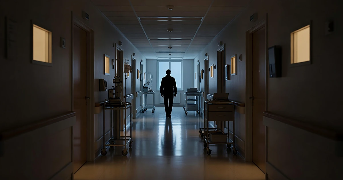 Silhouetted figure walking down dimly lit hospital corridor toward window at night