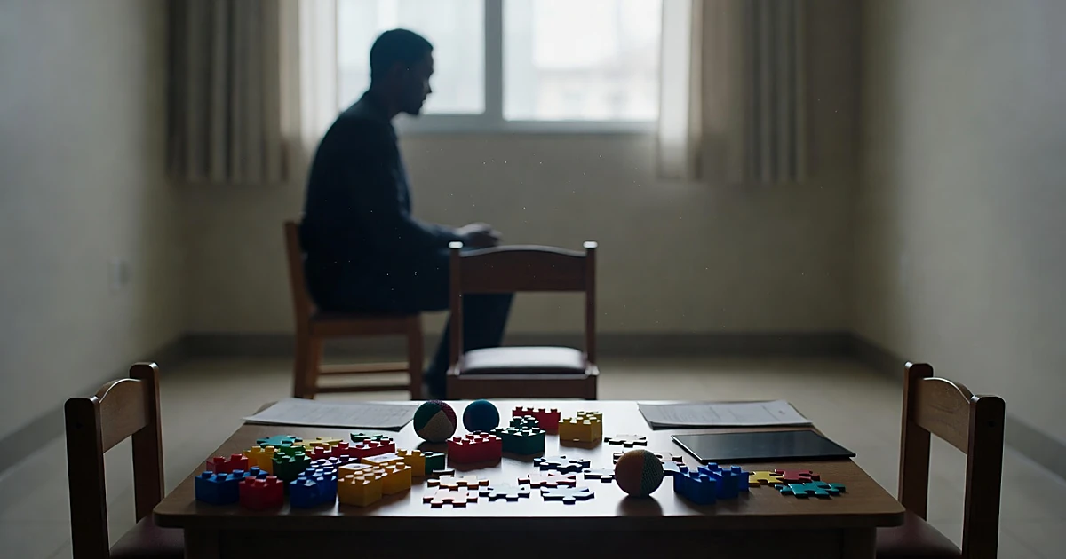 Empty therapy room with educational toys on table and silhouetted therapist waiting, one chair vacant