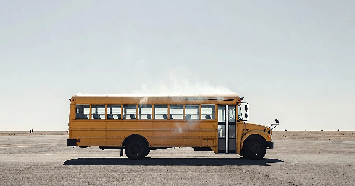 Yellow school bus parked in intense sunlight with heat waves distorting air above vehicle