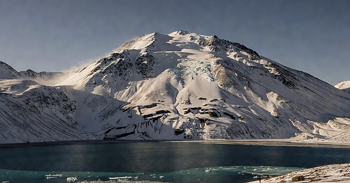 Steep snow-covered mountain slope above dark glacial lake with visible avalanche debris in Chilean Andes