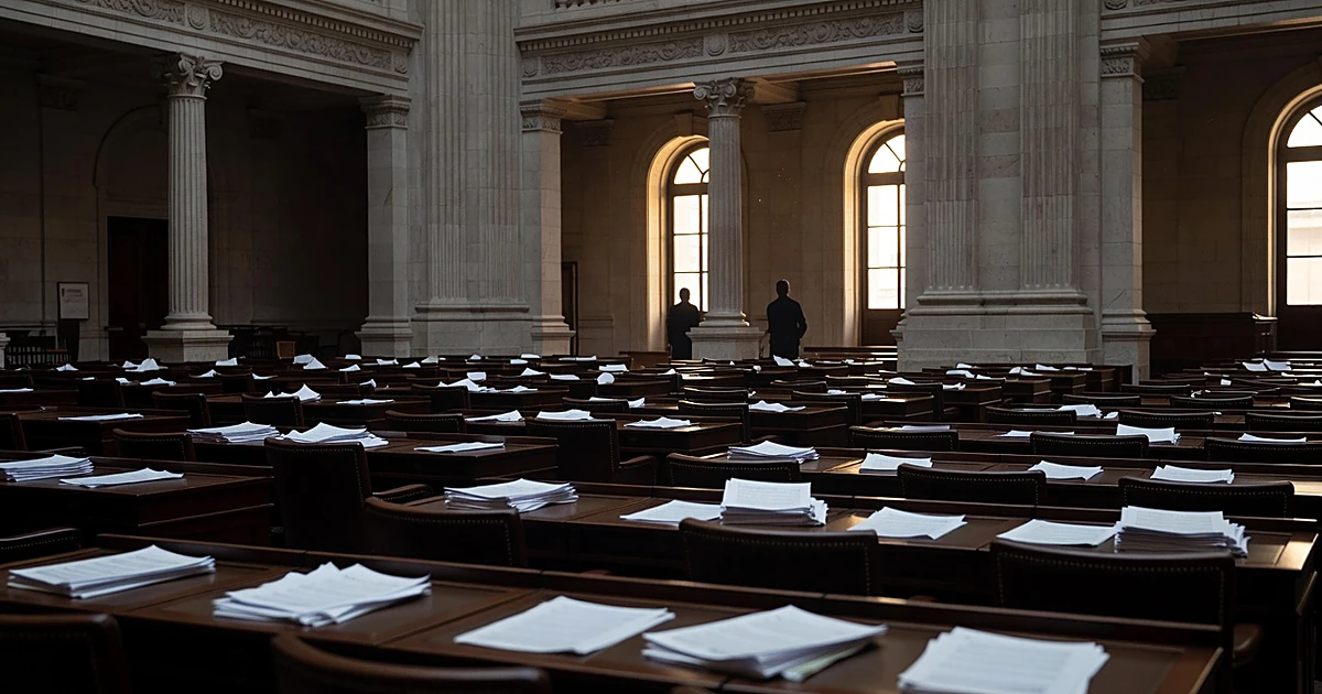 Empty Texas legislative chamber with scattered papers on desks and silhouetted figures in background