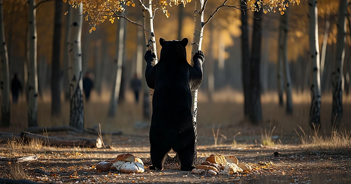 Black bear silhouette climbing aspen tree with scattered bread on ground below in afternoon light