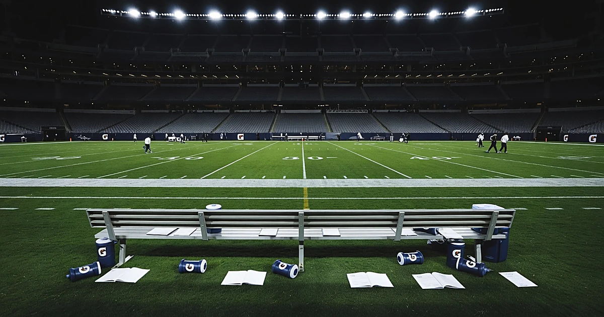 Empty NFL stadium sideline at night with team bench and illuminated field under stadium lights