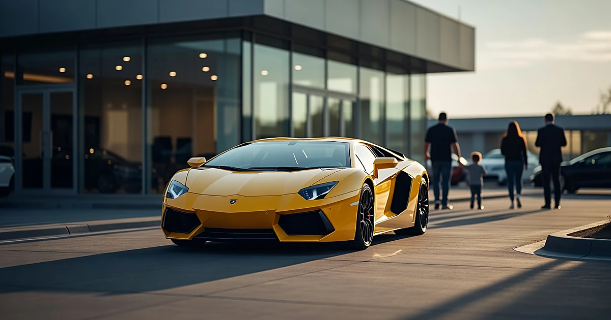 Yellow Lamborghini sports car at luxury dealership lot during golden hour with blurred showroom background