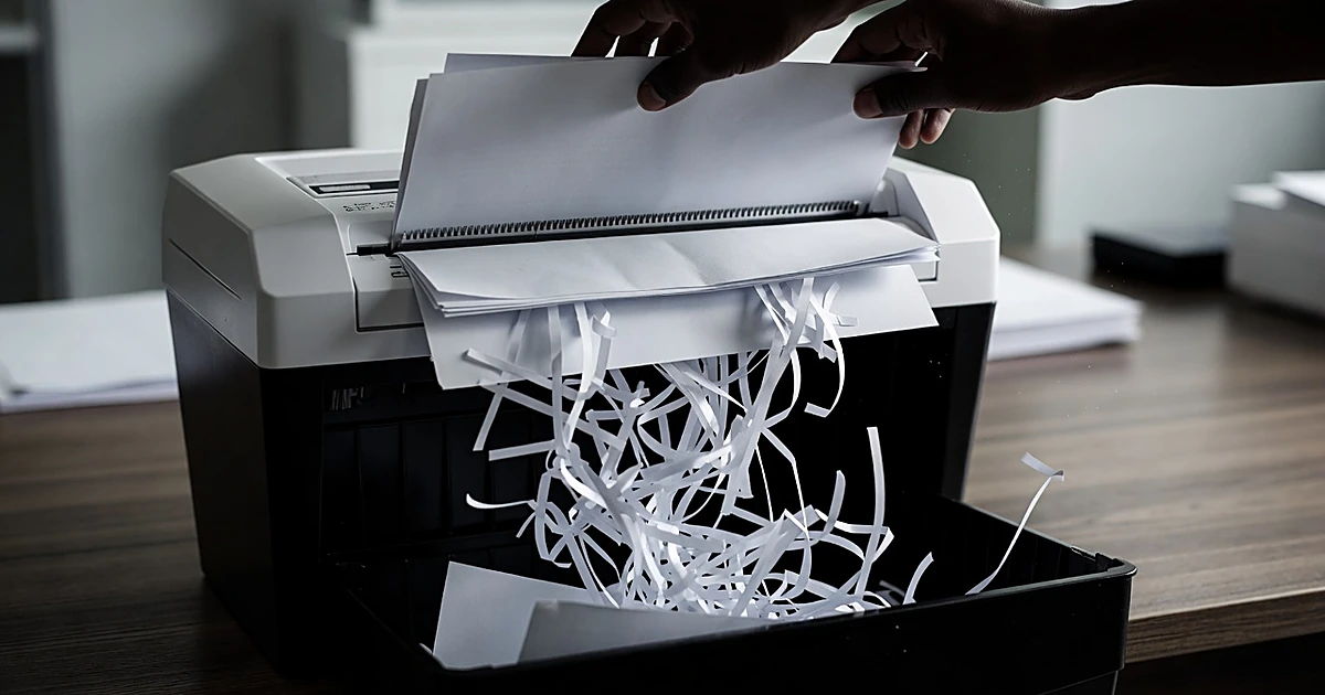 Paper shredder actively destroying documents with shredded strips falling into collection bin