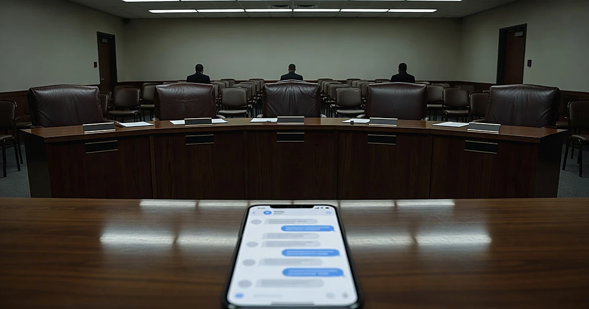 Empty school board meeting room with smartphone displaying messaging app on trustee bench