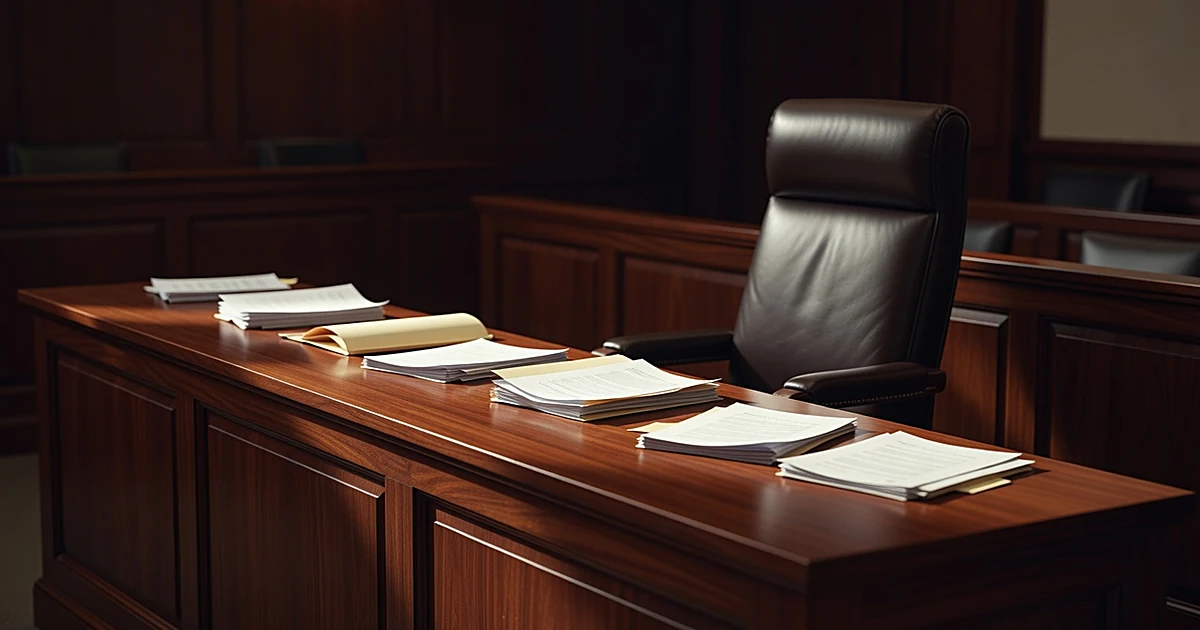 Empty judge's bench in courtroom with scattered legal documents and pushed-back chair after case dismissal