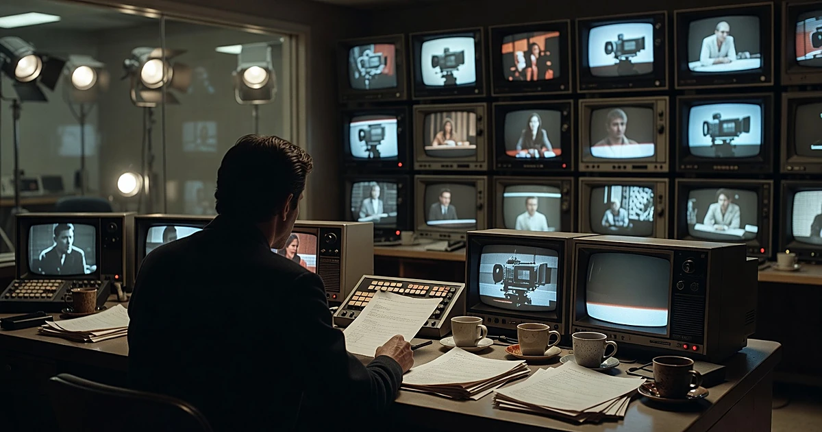 Silhouetted figure at production desk in 1980s television studio control room with glowing monitors