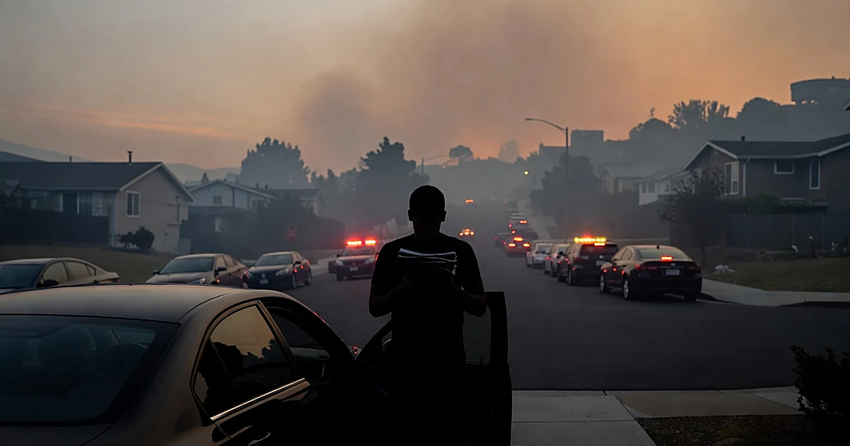 Silhouetted person beside open car door holding belongings as smoke fills sky over residential street with emergency lights