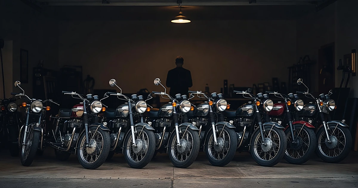 Row of vintage motorcycles in private garage with silhouetted figure in background