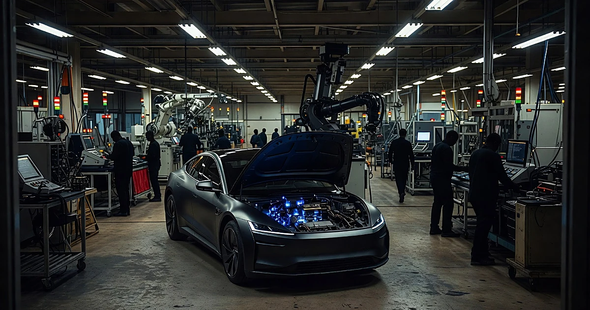 Automotive assembly line showing connected vehicle with exposed electronic components under industrial lighting