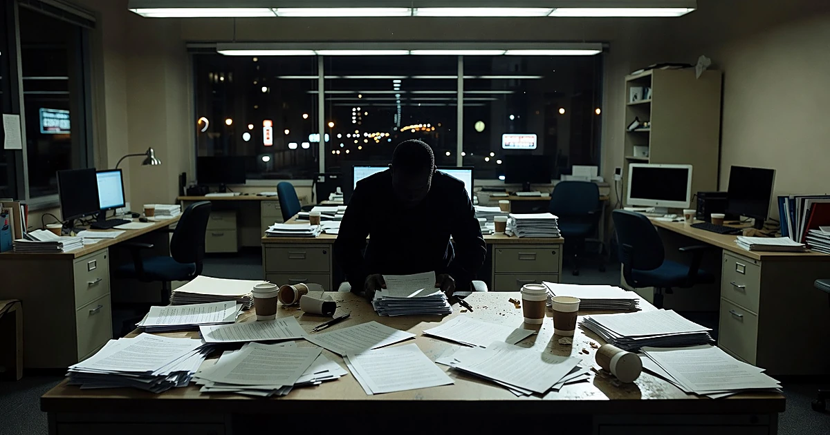 Silhouetted campaign worker at cluttered desk in dimly lit office with scattered papers and coffee cups