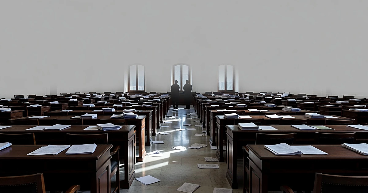 Empty legislative chamber with scattered papers and silhouetted figures in distant aisle under overcast light