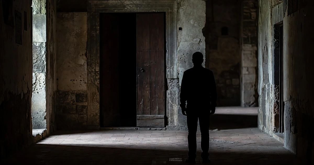 Silhouetted figure facing open door in shadowy stone corridor of old Italian building