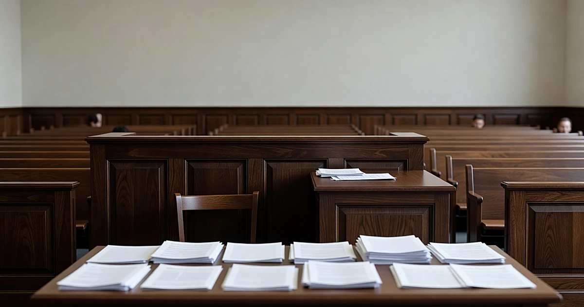 Empty federal courtroom with judicial bench, witness stand, and scattered legal documents on defense table