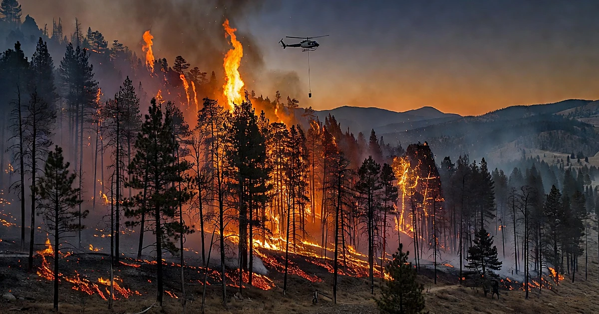 Wildfire burning through mountain forest with helicopter conducting aerial firefighting operations overhead