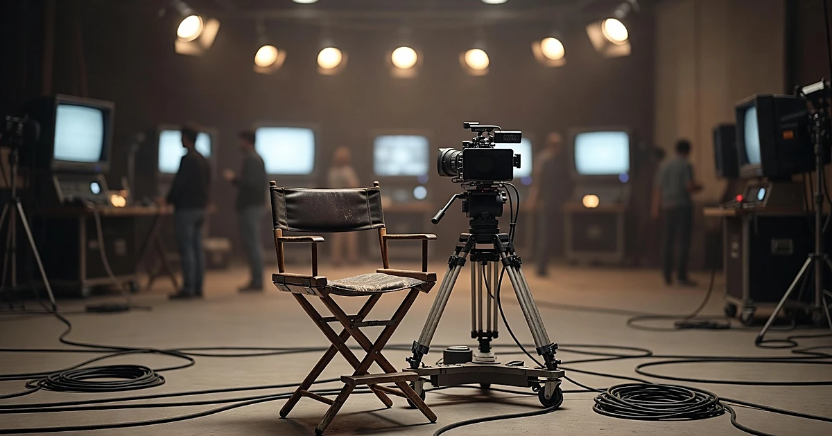 Empty television production studio with director's chair, camera equipment, and glowing studio lights in background